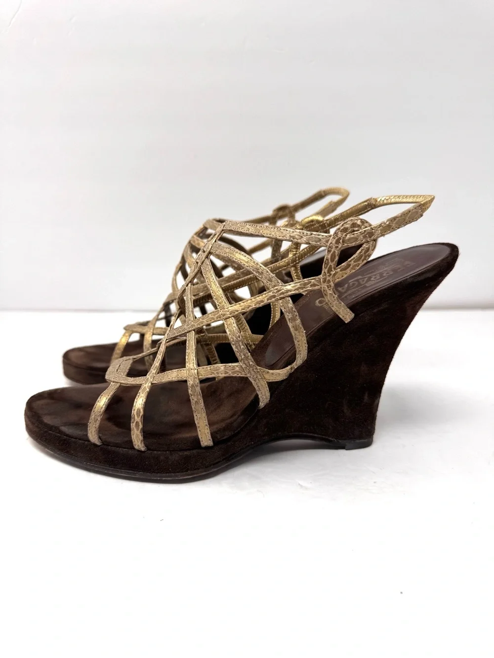 SALVATORE FERRAGAMO gold mesh leather/suede wedges, made in Italy, size 9.5
